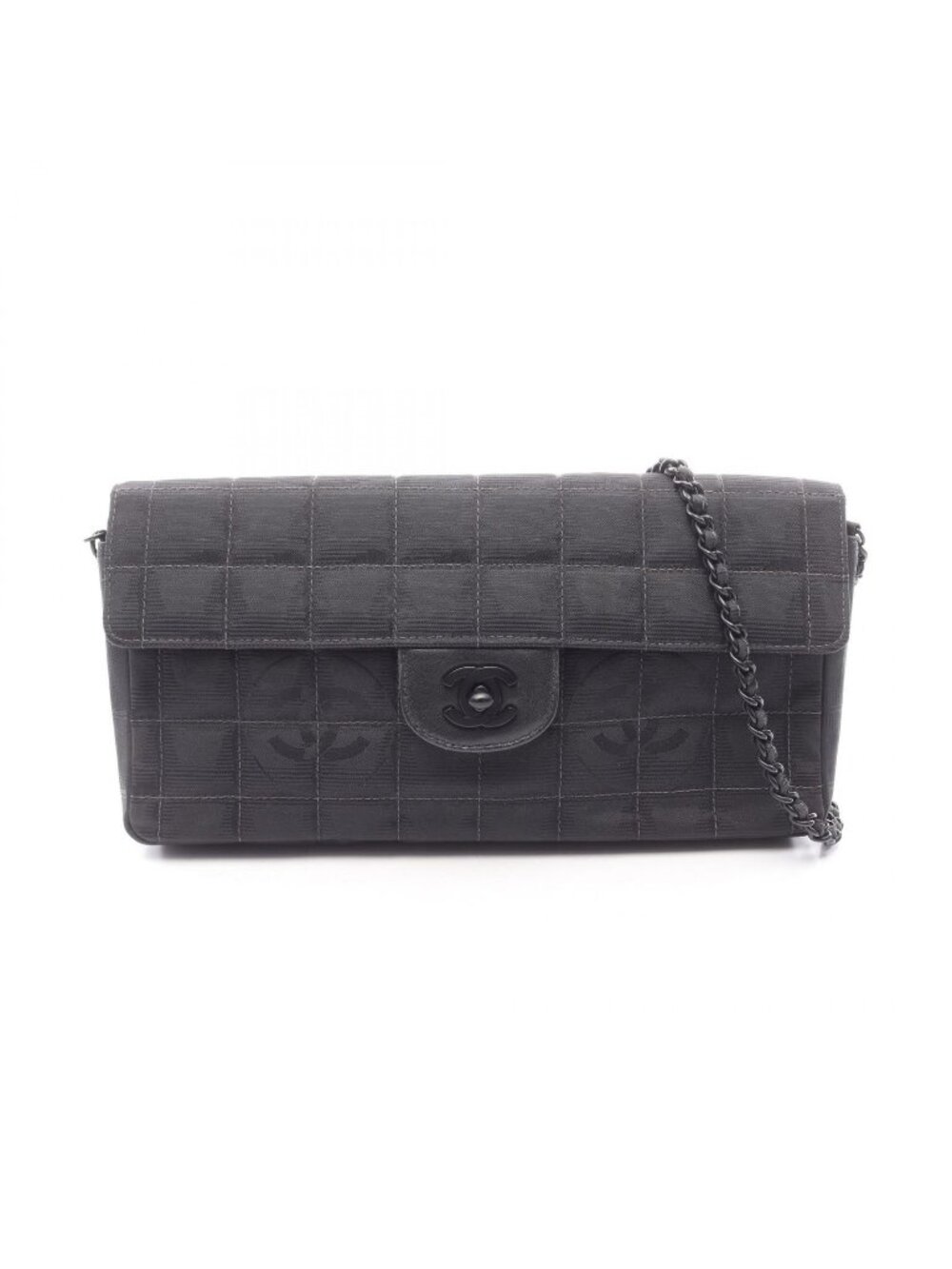 Chanel Shoulder Bag New Travel Line Choco Bar Black Leather New Platinum
